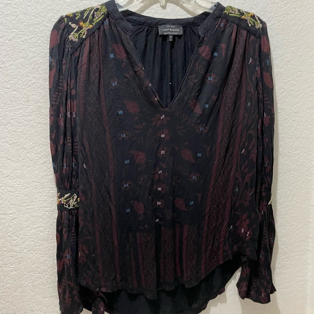 🔴 Lucky brand boho floral embroidered long bell sleeves Rodeo blouse size XS